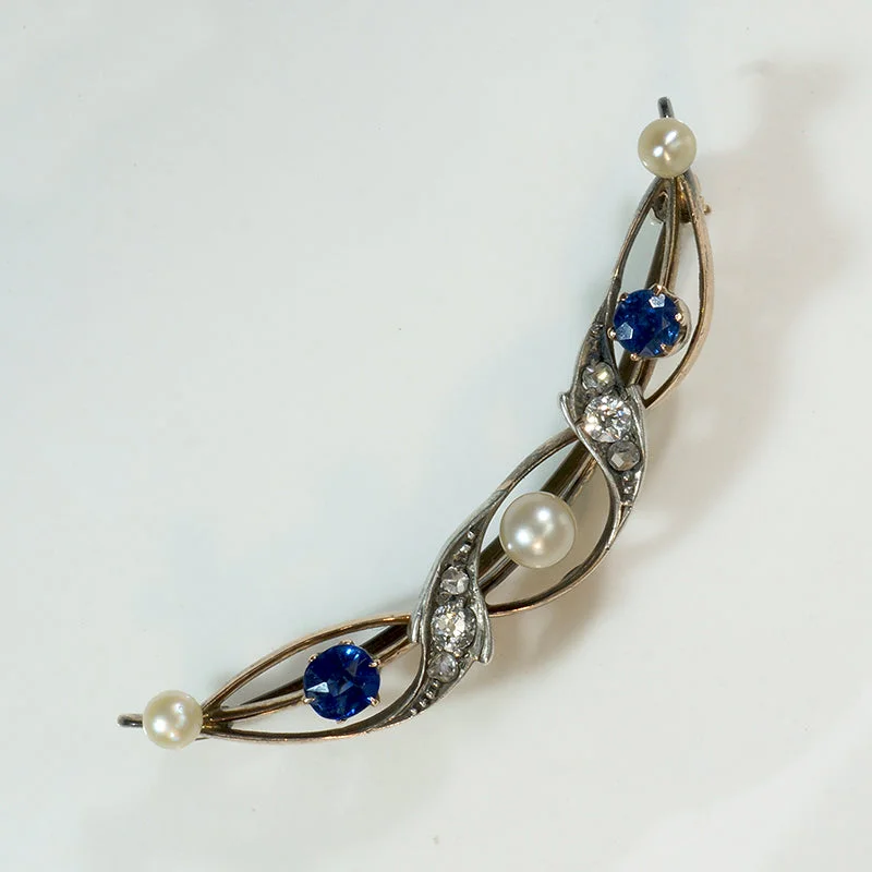 Polished stone brooch-Sapphire & Pearl Spiral Crescent Moon Brooch