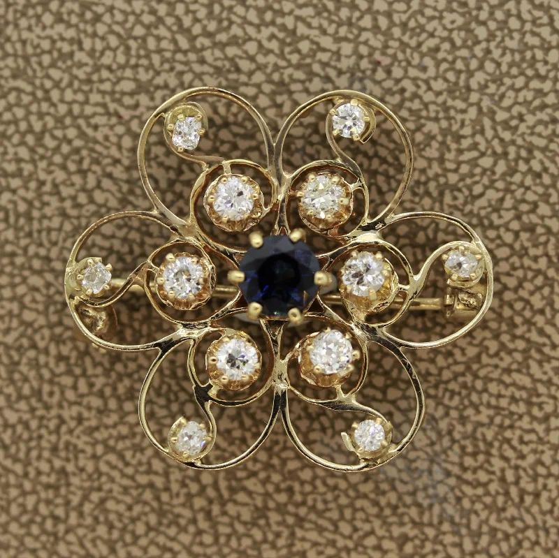 Flat knot brooch-Sapphire Diamond Gold Flower Brooch 1.65CTW