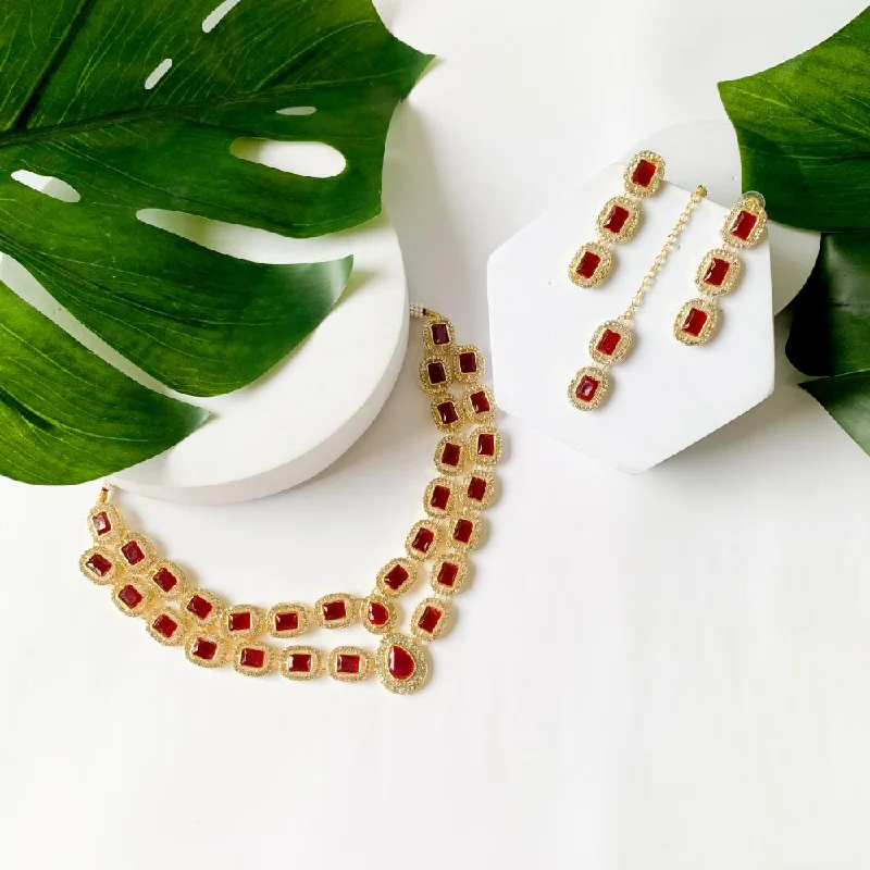 Sleek bar necklaces-Etnico Gold Plated Traditional Stone Choker Necklace Jewellery With Earring & Maang Tikka Set For Women And Girls (Maroon)