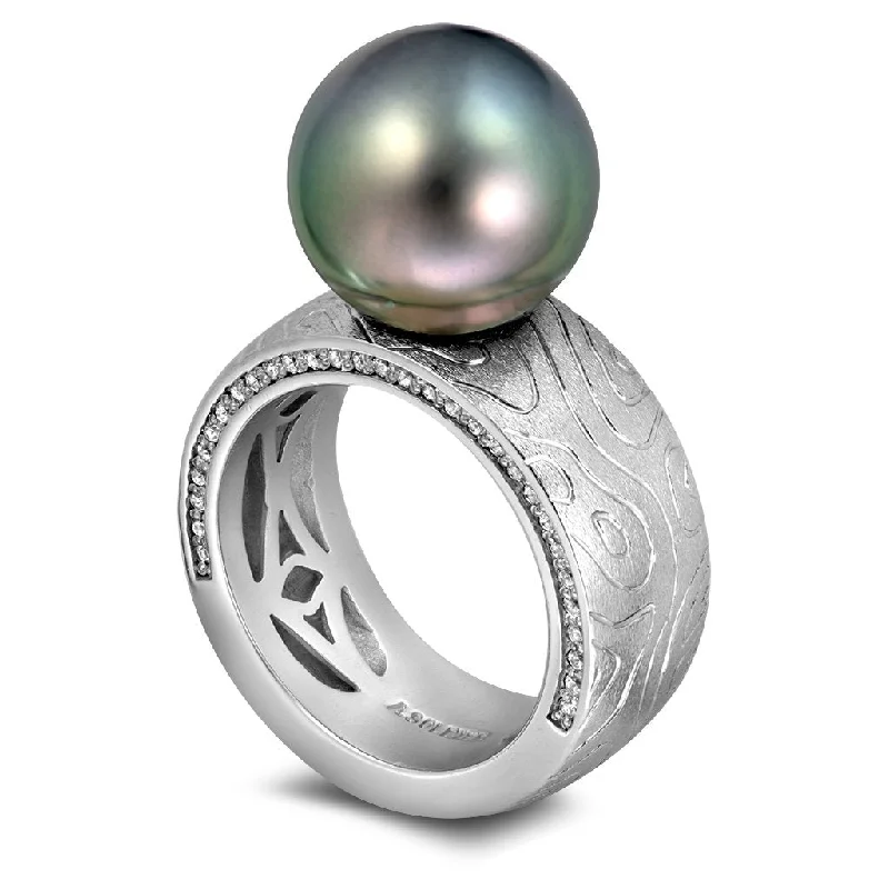 Sculpted cocktail rings-Gold Ring with Tahitian Grey Pearl and Diamonds