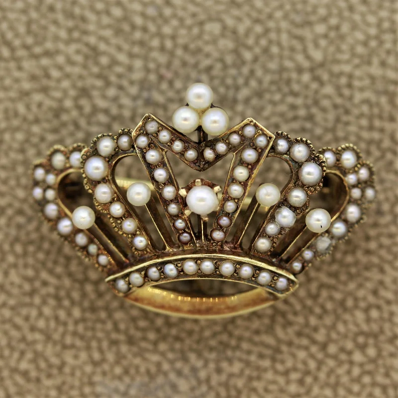 Wide gold brooch-Antique Seed-Pearl Gold Crown Brooch-Pendant