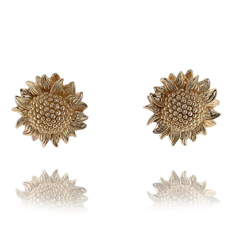 Spinel earrings-Estate 14 karat Yellow Gold Large Detail Sunflower Earrings