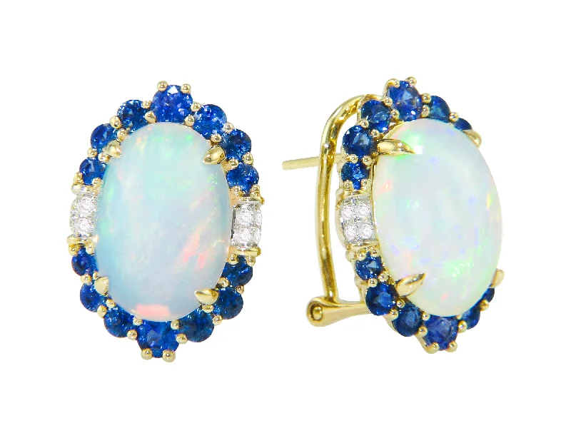 Wave motif earrings-Bellarri 14k Gold Earrings with Opal, Blue Sapphire, and Diamond