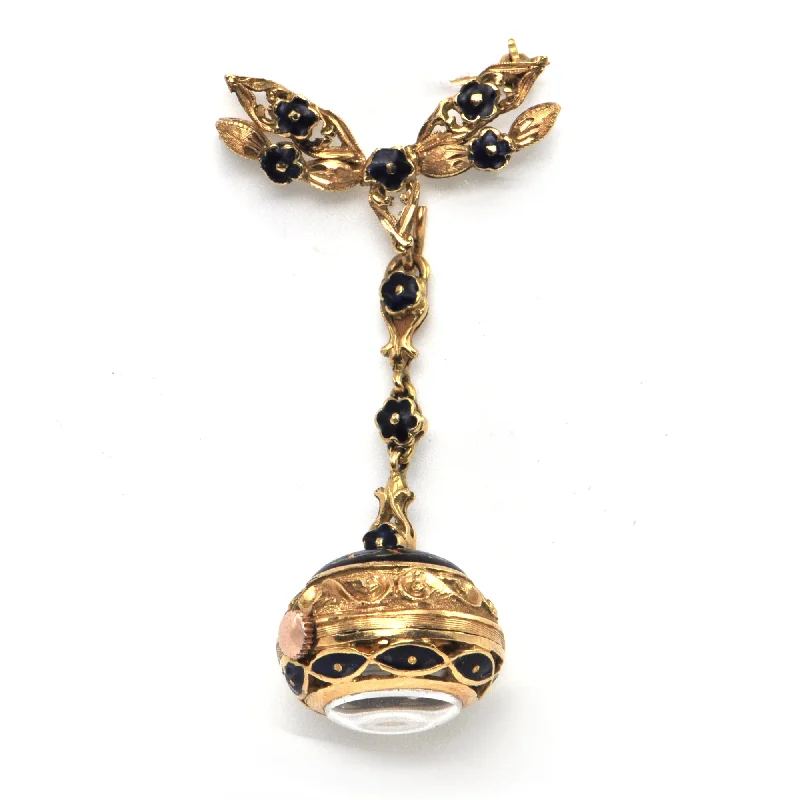 Luxe diamond brooch-Vintage 18K Gold & Enamel Ball Watch Brooch