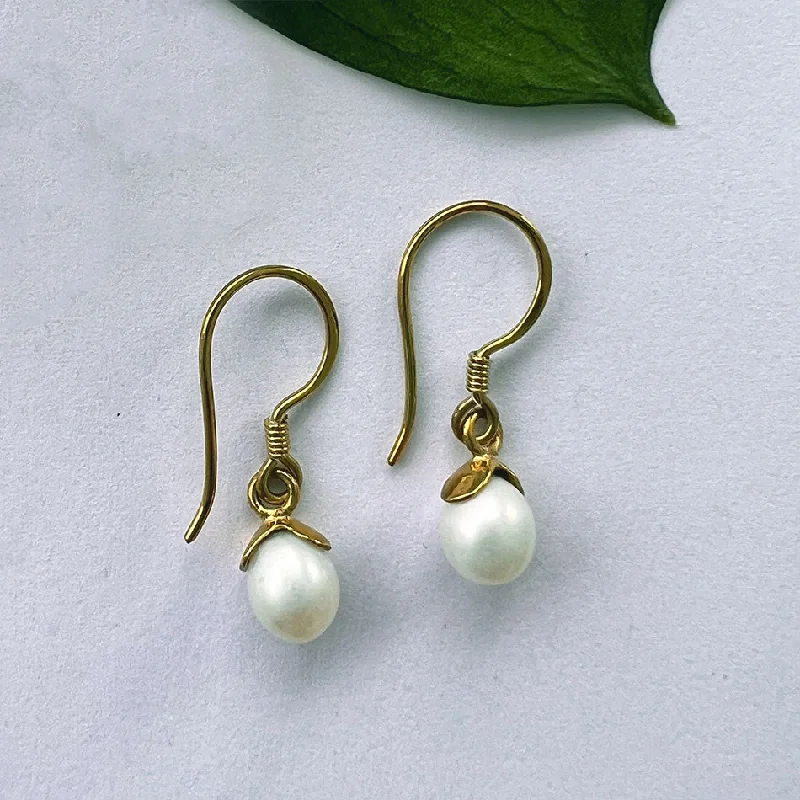 Curved design earrings-Acorn Pearl Earrings - Brass, Indonesia