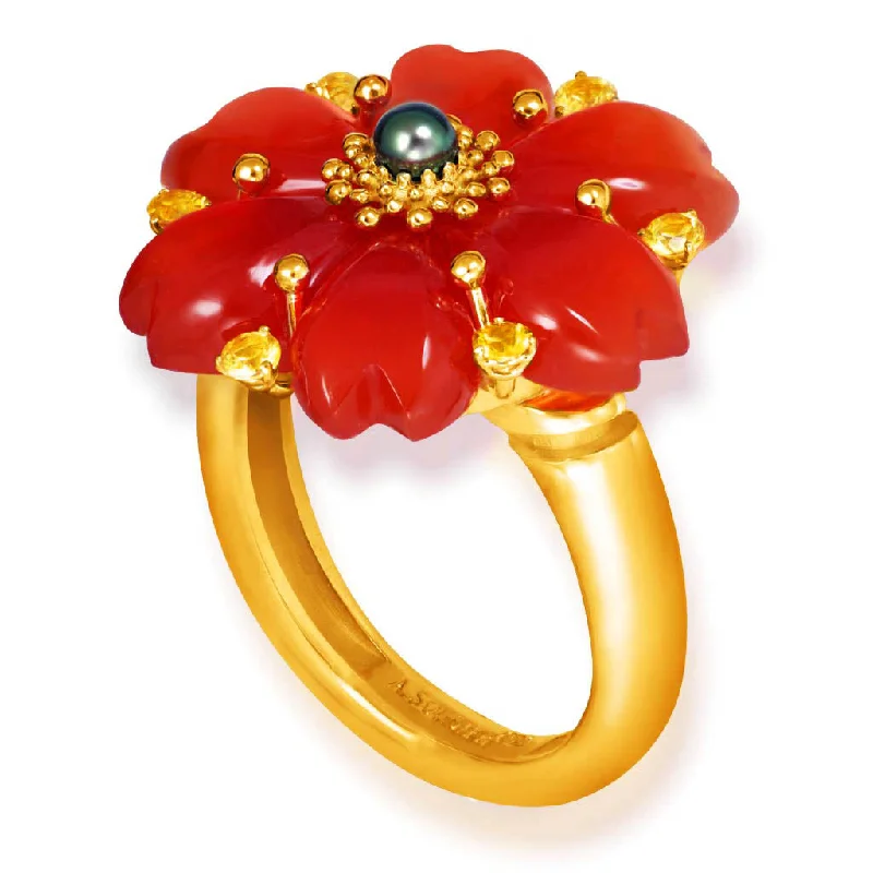 Topaz inlay rings-Gold Blossom Ring with Carnelian & Sapphire