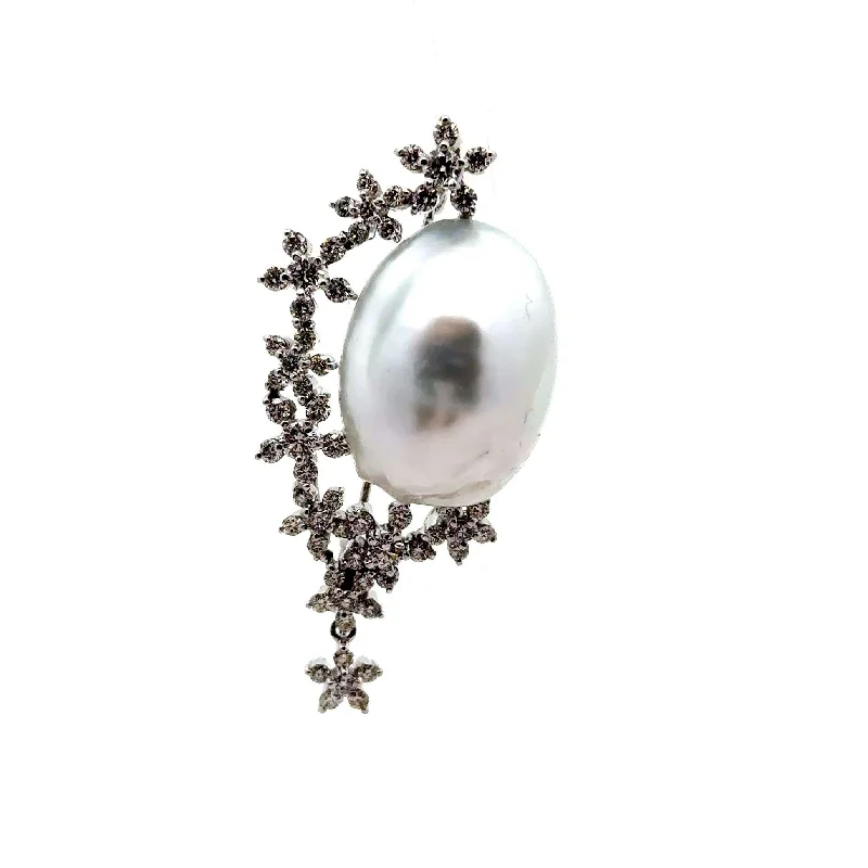 Rough texture brooch-South Sea Baroque Pearl Diamond 18k & 14k White Gold Brooch-Pendant