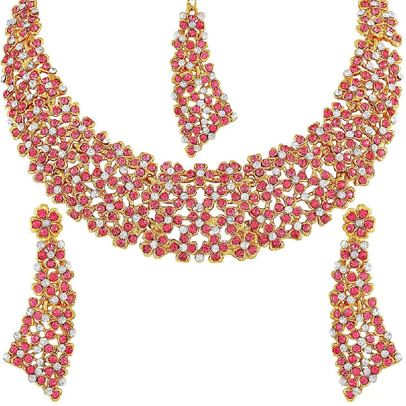 Bead braid necklaces-Etnico Traditional Gold Plated Kundan Pearl Wedding Choker Necklace Set Earrings & Maang Tikka for Women (M4126Q)