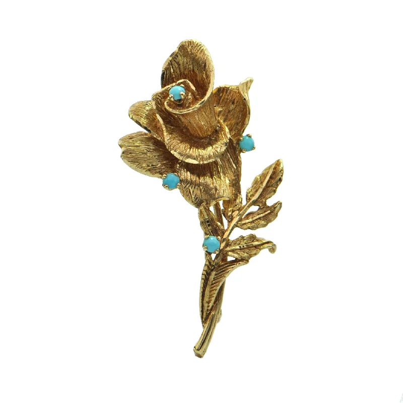 Braided motif brooch-Vintage Turquoise 14K Yellow Gold Flower Brooch