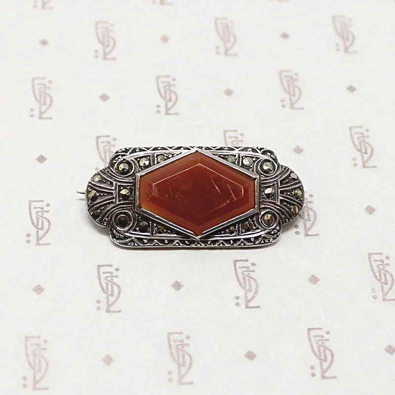 Beaded gem brooch-German Deco Silver Brooch with Carnelian & Marcasite