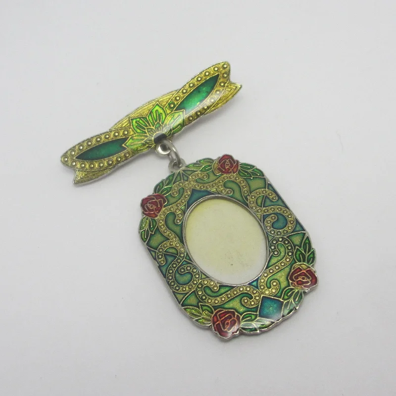 Thin frame brooch-Dangling Locket Pendant Brooch Pin Enamel on White Metal Vintage c1980