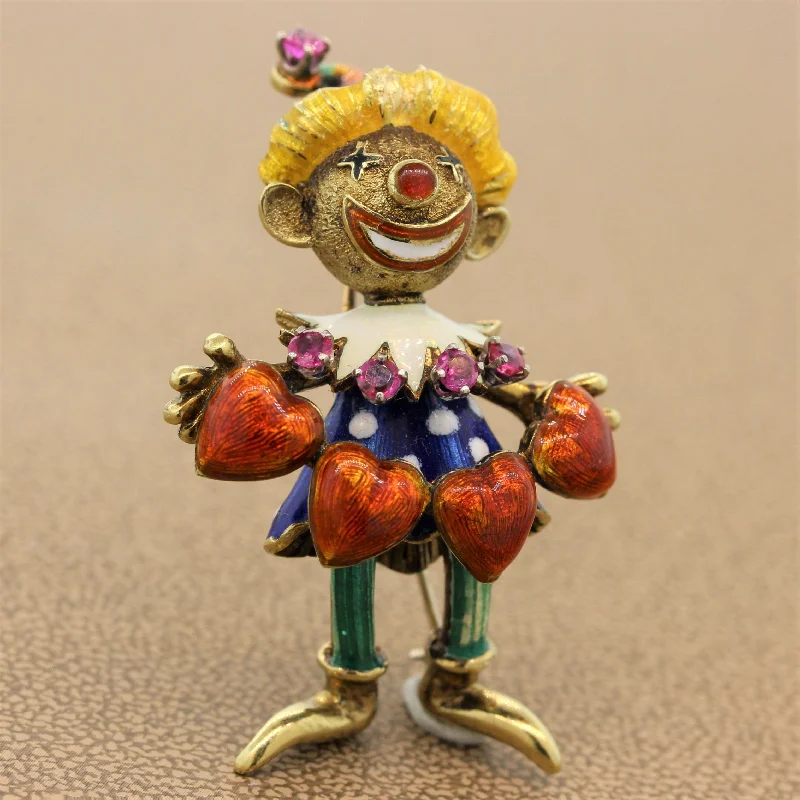 Rustic lock brooch-Ruby Enamel Gold Jester Brooch