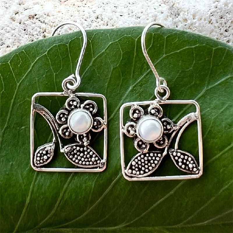 Subtle gem earrings-Flower Box Pearl Earrings - Sterling Silver, Indonesia