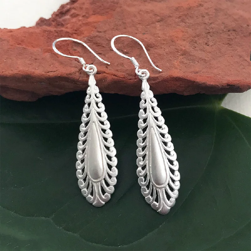 Flat charm earrings-Lacy Leaf Earrings - Sterling Silver, Indonesia