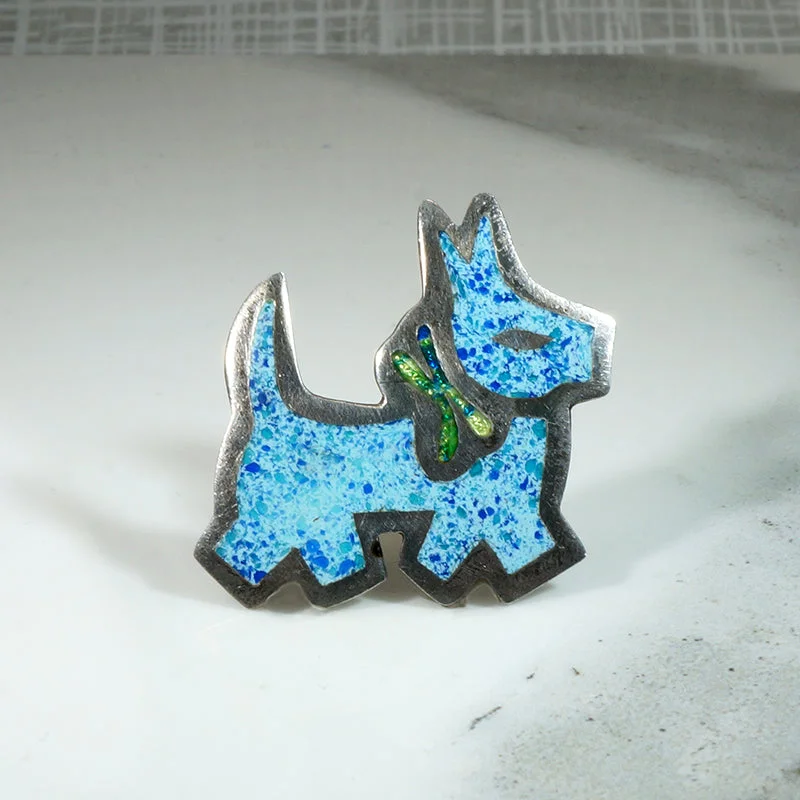 Beaded stone brooch-Sassy Blue Scotty Sterling & Enamel Brooch