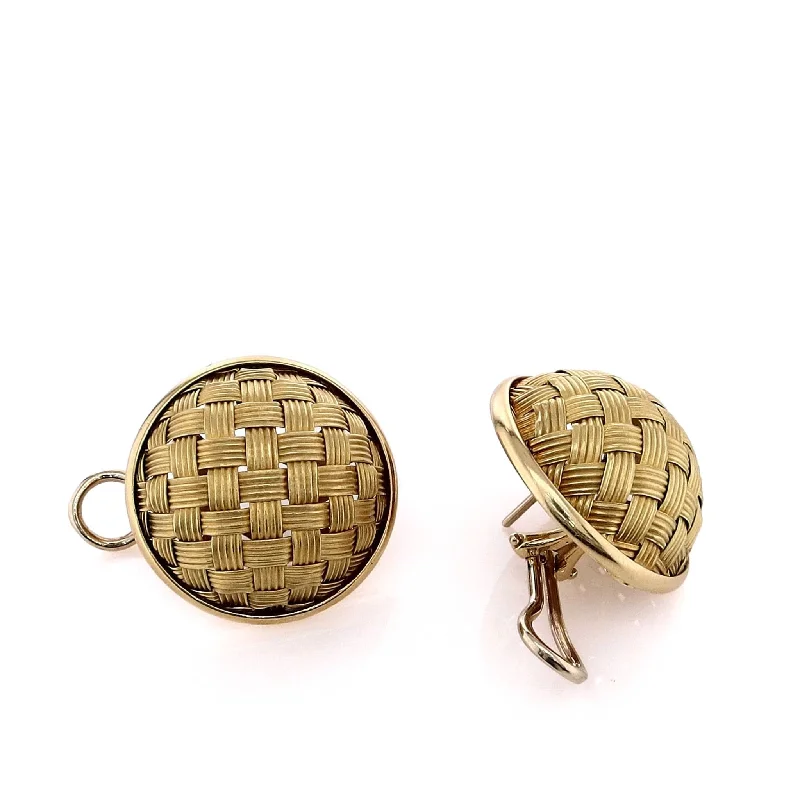 Citrine stud earrings-Estate 18k Yellow Gold Large Round Basket Weave Clip-On Earrings