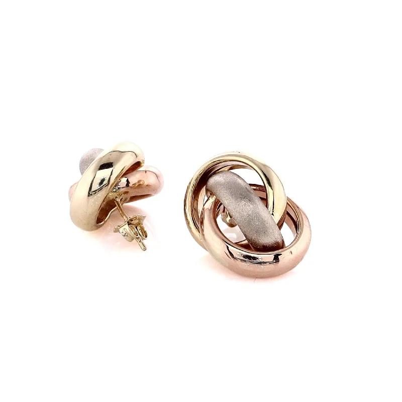 Fine bead earrings-Estate 14 Karat Tri-Tone Gold Polished and Brushed Interlocking Ring Earrings