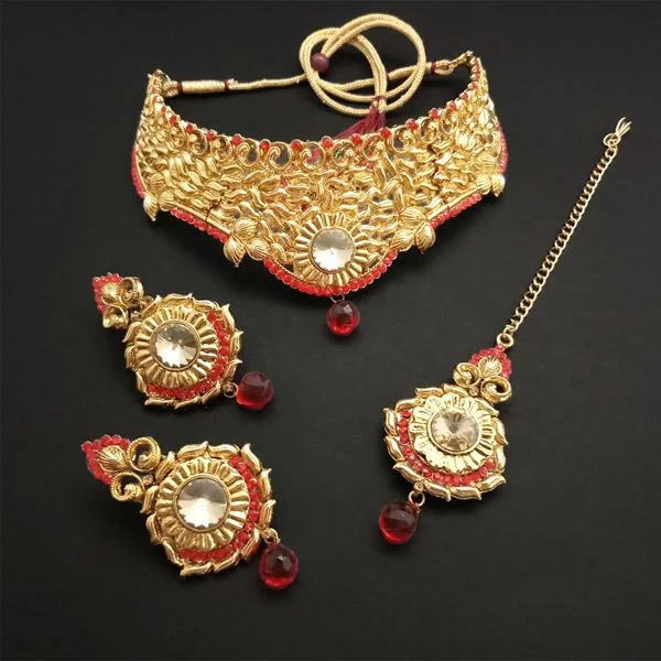 Sleek gem necklaces-Kriaa Gold Plated Red Stone Choker Necklace Set