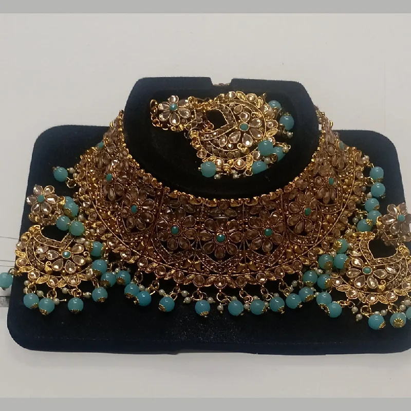 Dual gem necklaces-Kumavat Jewels Gold Plated Kundan Stone And Beads Traditional Choker Necklace Set with Maang Tikka