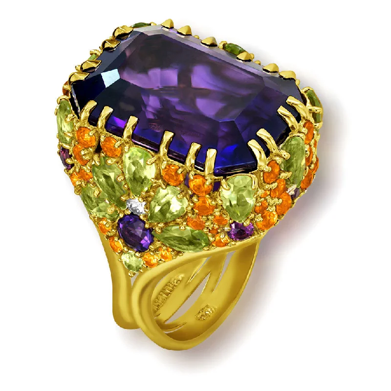 Open frame rings-Gold Blossom Ring with Amethyst, Peridot & Diamonds