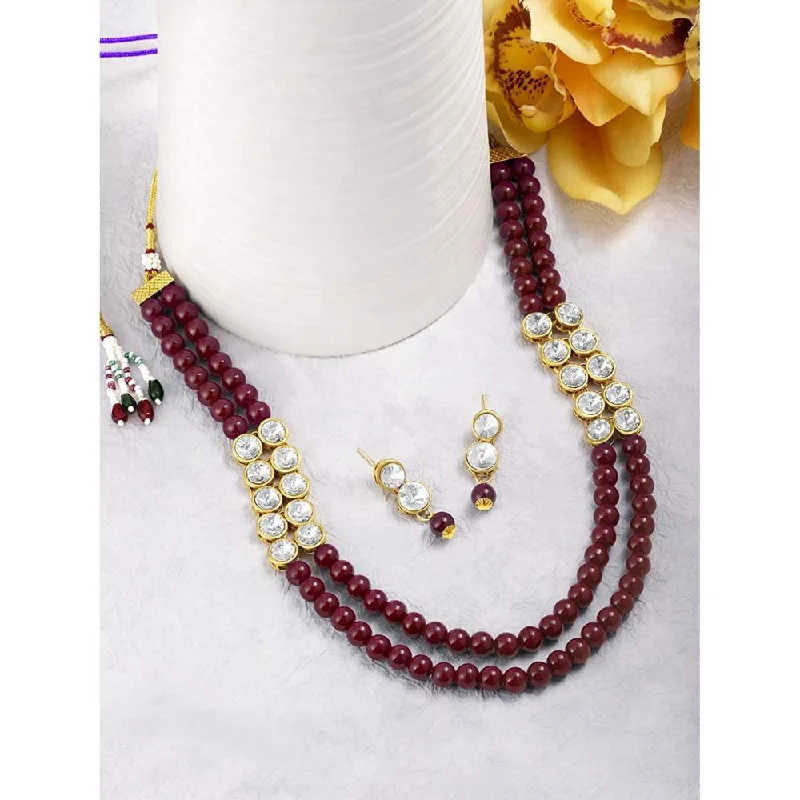 Wave pattern necklaces-Etnico Gold Plated Traditional Stunning White Stone Studded Layered Pearl Necklace Jewellery Set with Earrings For Women and Girls (IJ365M)