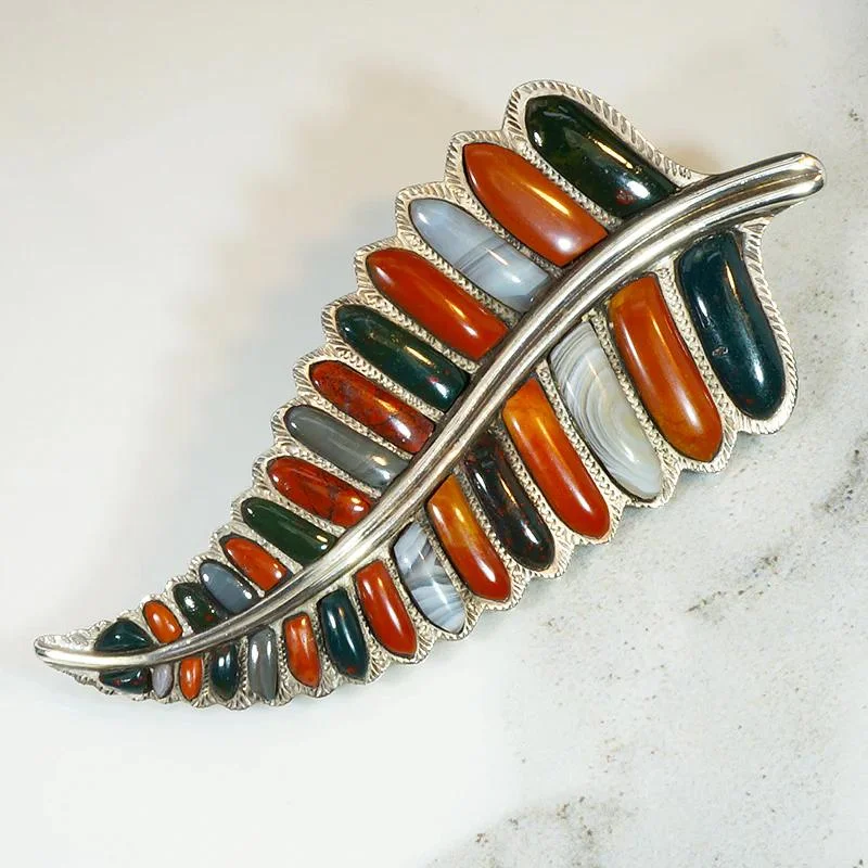 Wide bar brooch-Superb Scottish Pebble Fern Frond Brooch