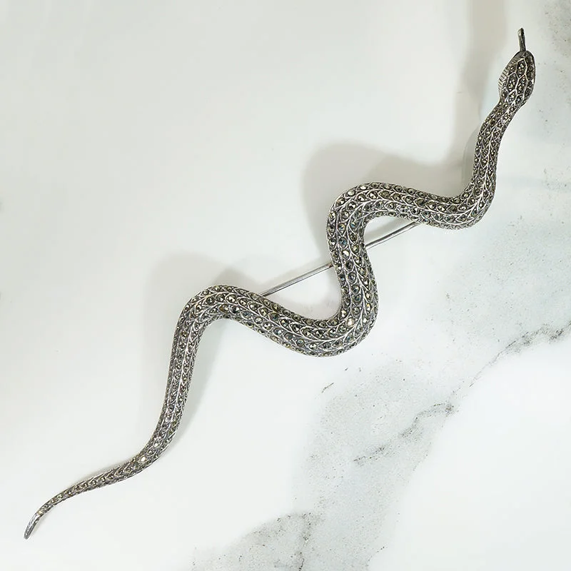 Petite flower brooch-Oversized Sterling Silver & Marcasite Snake Brooch