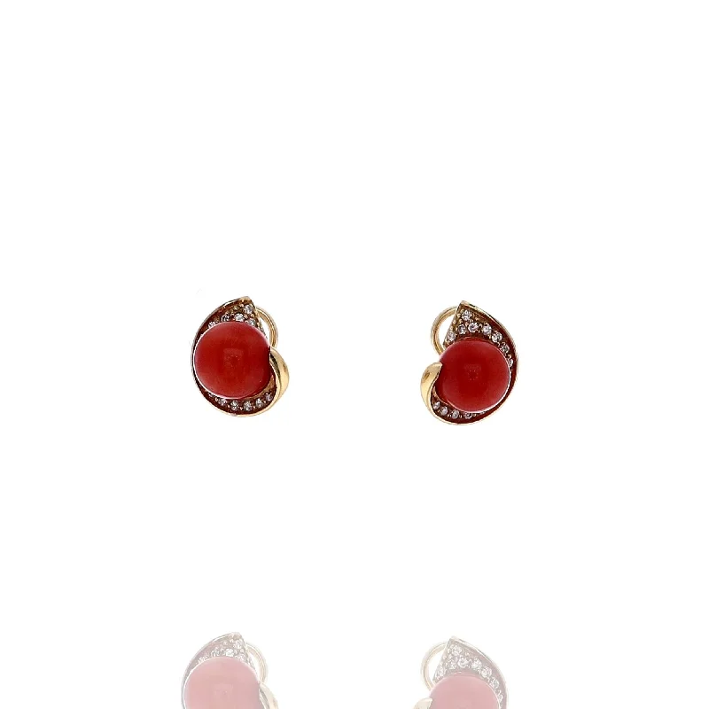 Curved art earrings-Estate 18k Yellow Gold Diamond Coral Bead Pierced/Clip Earrings