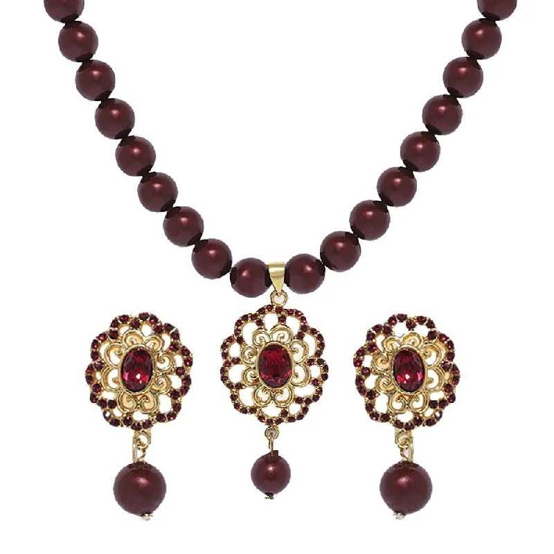 Fine bead necklaces-Mahi Valentine Gift Marron Crystals and Artificial Pearls Floral Necklace Stet for Women (NL1103770GMar)