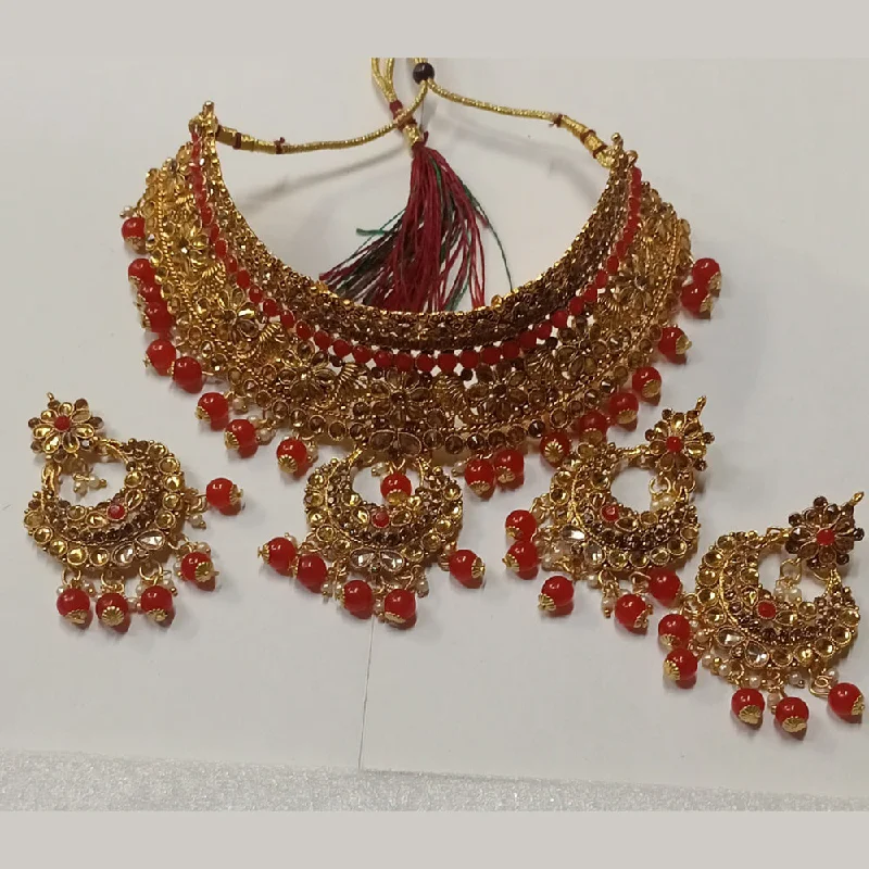 Satin gloss necklaces-Kumavat Jewels Gold Plated Kundan Stone And Beads Traditional Choker Necklace Set with Maang Tikka