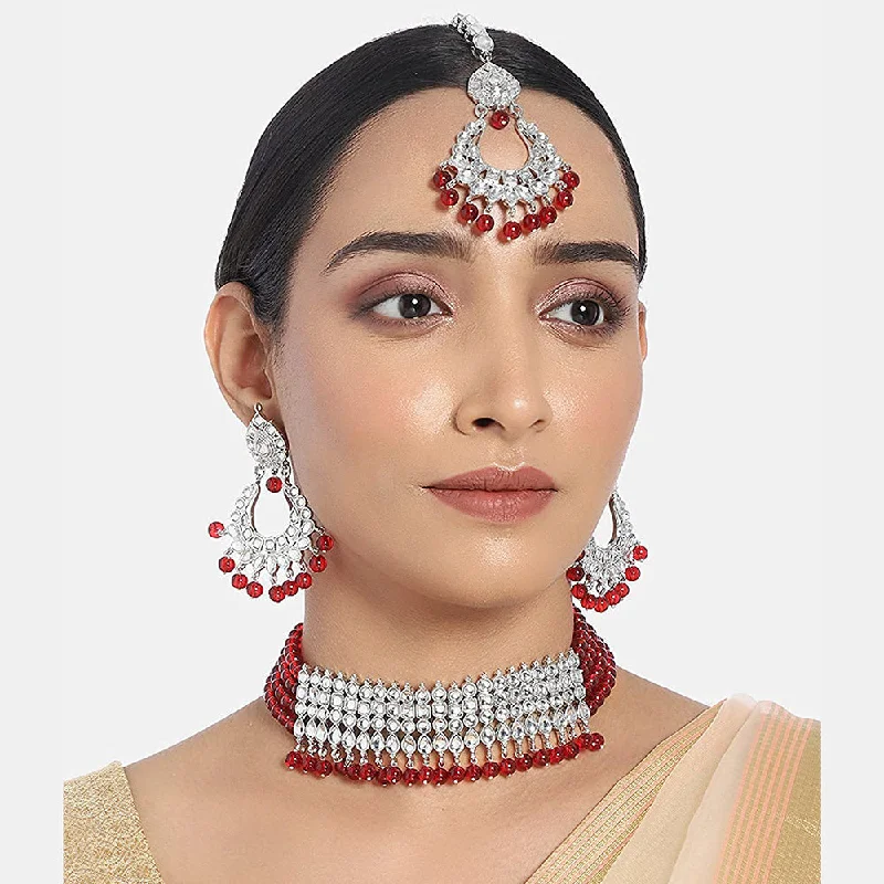 Curved gem necklaces-Etnico 18k Rhodium Plated Ethnic Indian Traditional Kundan & Pearl Choker Necklace Jewellery Set for Women (K7083ZM)