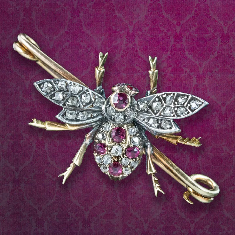 Bead cluster brooch-Antique Victorian Ruby Diamond Bee Bar Brooch 18ct Gold Silver