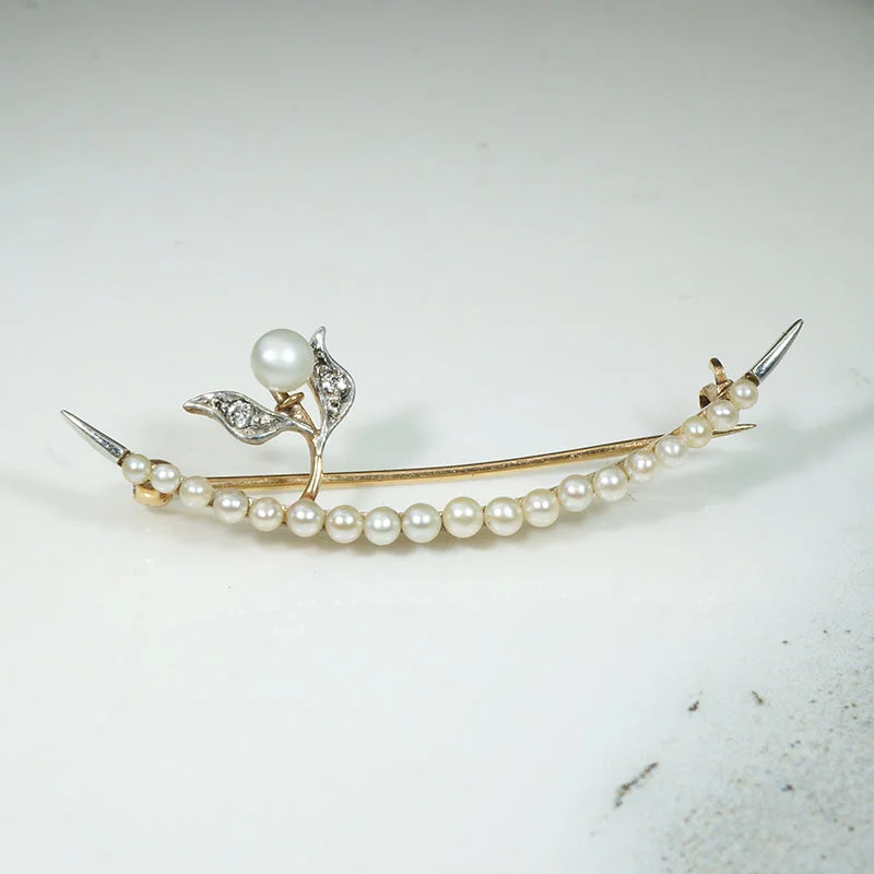 Raven feather brooch-Crescent Moon Brooch with Pearl & Diamond Sprig