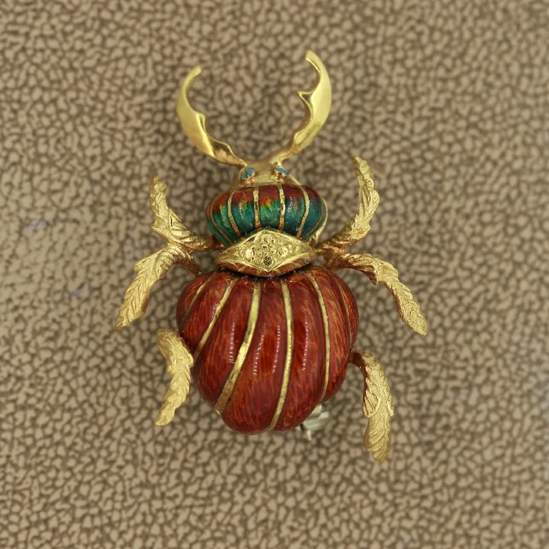 Wide bar brooch-Mid-Century Italian Enameled Gold Horned-Beetle Pin Brooch