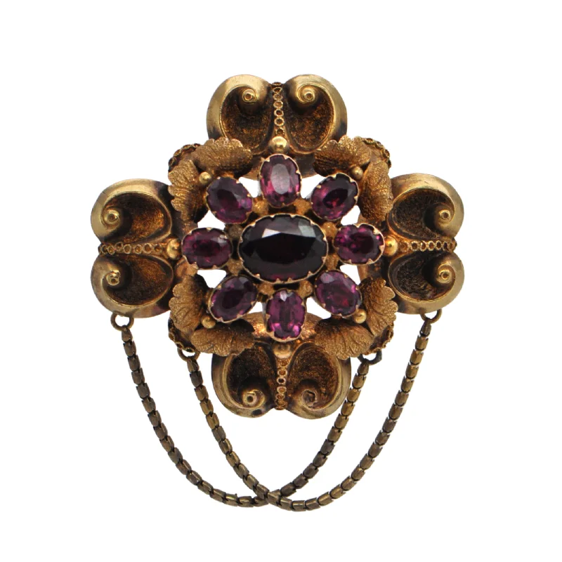 Tiered design brooch-Antique Victorian Garnet 14k Gold Brooch C.1860