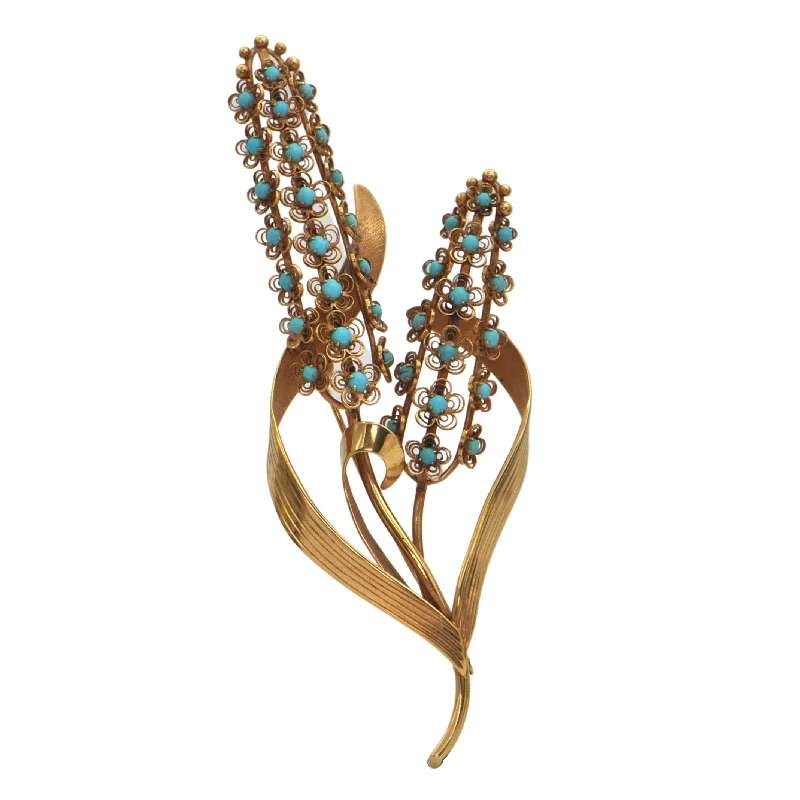 Tight pin brooch-Retro Turquoise Bulrush Brooch in 14k Yellow Gold