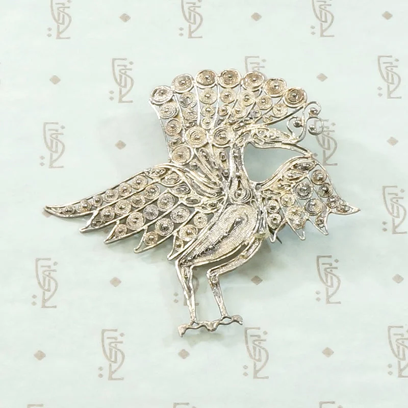 Beaded stone brooch-Sassy Peacock Brooch in Silver Filigree