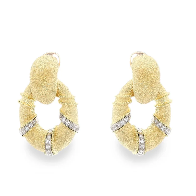 Birch wood earrings-Estate 18k Yellow and White Gold Textured Door Knocker Diamond Earrings