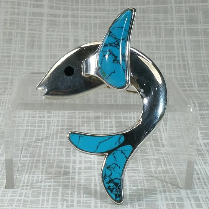 Polished silver brooch-Slippery Silver Flying Fish Brooch with Turquoise Fins