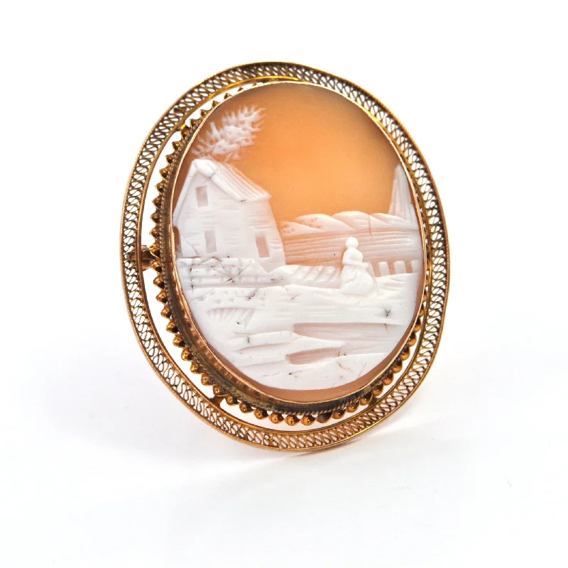 Shiny enamel brooch-Vintage Scenic Shell Cameo Brooch/Pendant 10k Yellow Gold