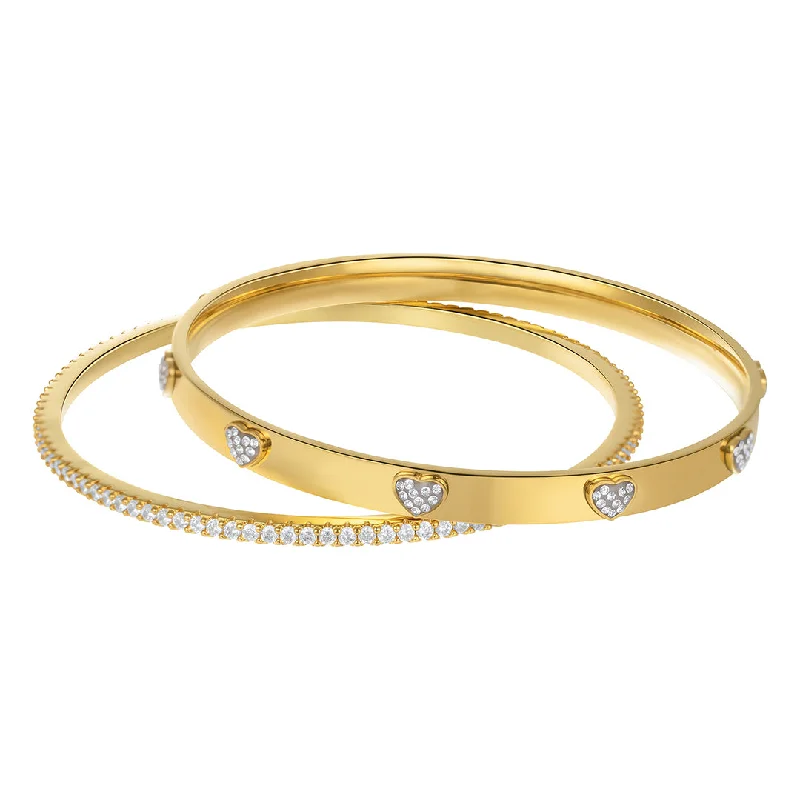 Sleek modern bangles-14k Gold Plated CZ Hearts Stacking Bangle Set