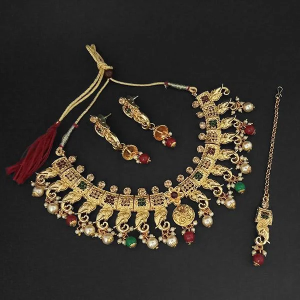 Cosmic glow necklaces-Kriaa Gold Plated Green Austrian Stone Necklace Set With Maang Tikka -1107990C