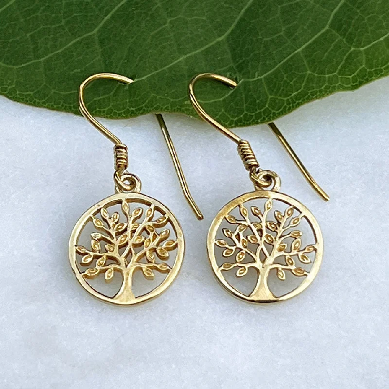 Tiny heart earrings-Tree of Life Earrings - Brass, Indonesia