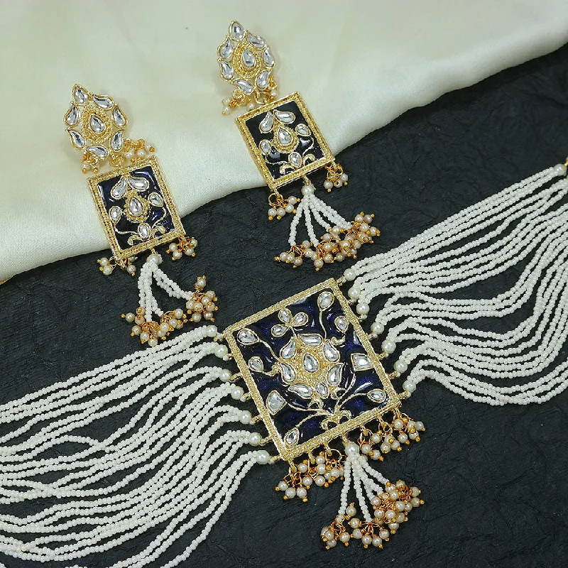 Neat-line necklaces-Etnico 18K Gold Plated Traditional Padmavati Pearl & Kundan Meenakari Necklace Jewellery With Earrings For Women (ML118Bl)