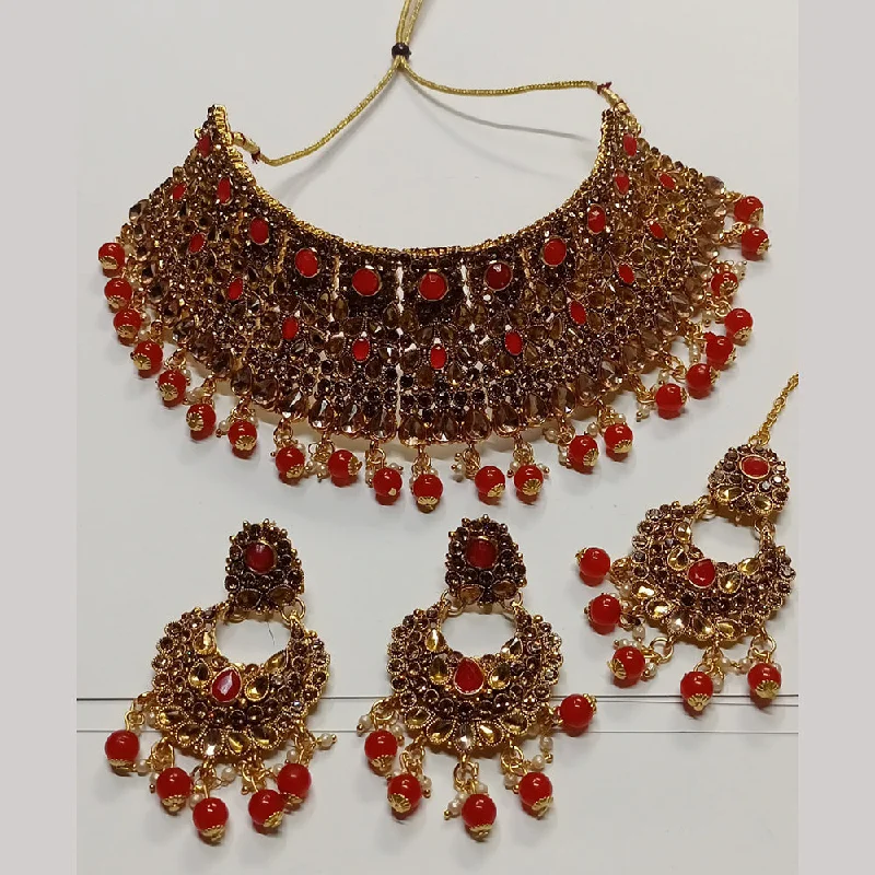 Oval gem necklaces-Kumavat Jewels Gold Plated Kundan Stone And Beads Traditional Choker Necklace Set with Maang Tikka