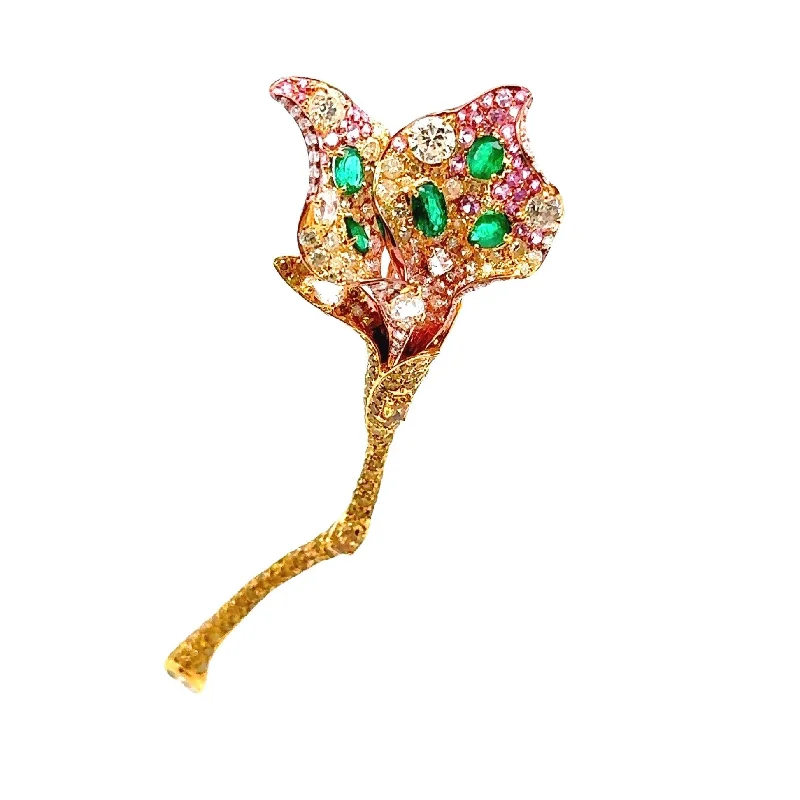 Oval gem brooch-Diamond Emerald Sapphire 18K Yellow Gold Flower Brooch