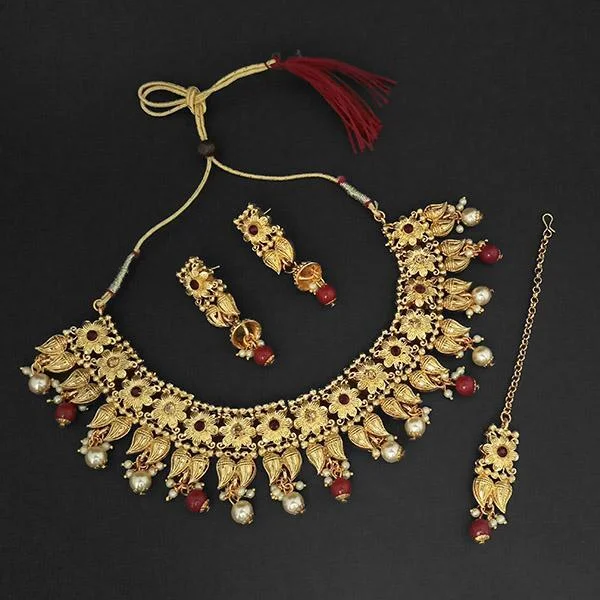 Multi-strand necklaces-Amina Creation Gold Plated Maroon Austrian Stone Necklace Set With Maang Tikka -1107992B