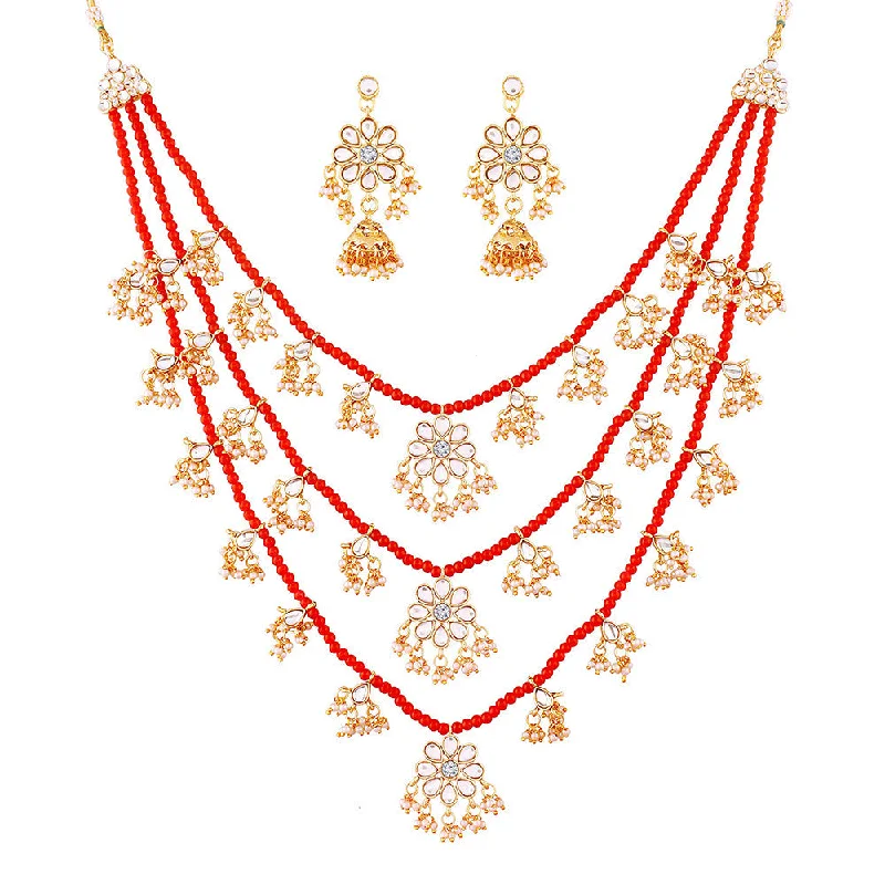 Reef knot necklaces-Etnico 3 Layered Multi Strand Floral Kundan & Pearl Beaded Necklace For Women/ Girls (M4094R)