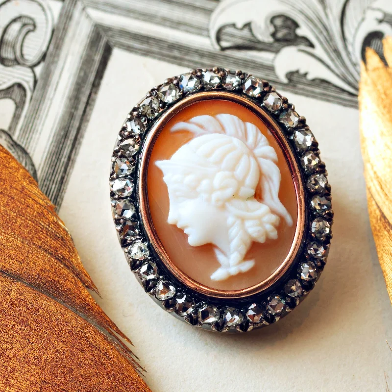 Dual-metal brooch-Antique Victorian Goddess Athena Shell Cameo & Diamond Brooch