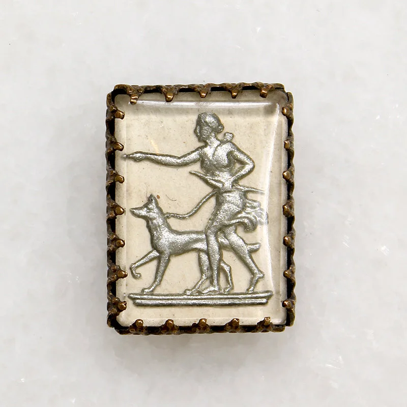 Cord edge brooch-Art Deco Goddess Diana & Dog Crystal Brooch